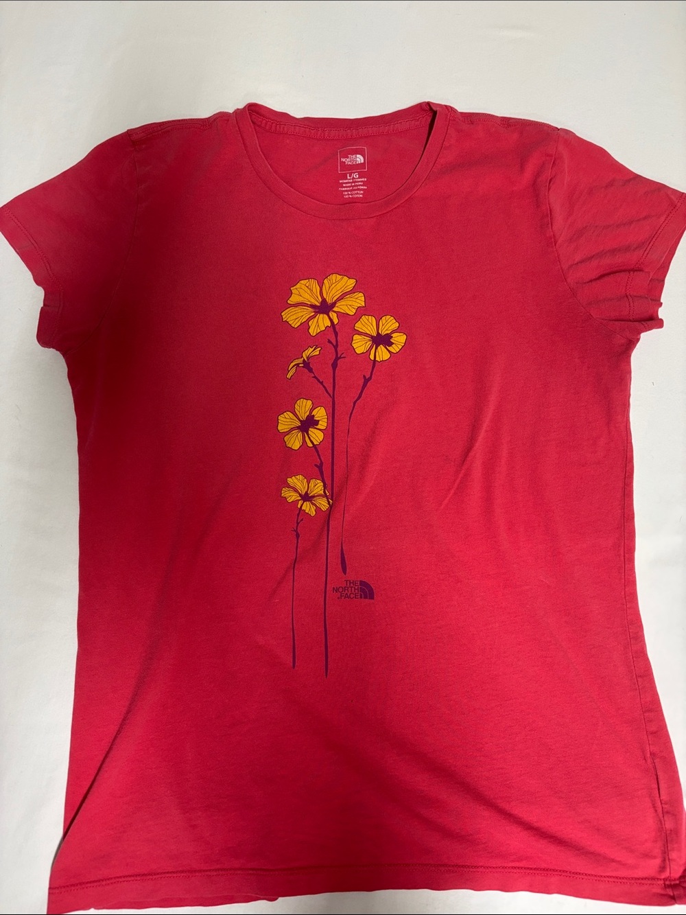 The North Face Red Short Sleeve Tee with Yellow Floral Graphic